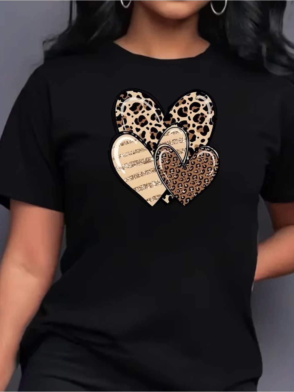 Leopard Print Heart Motif Short Sleeve T-Shirt